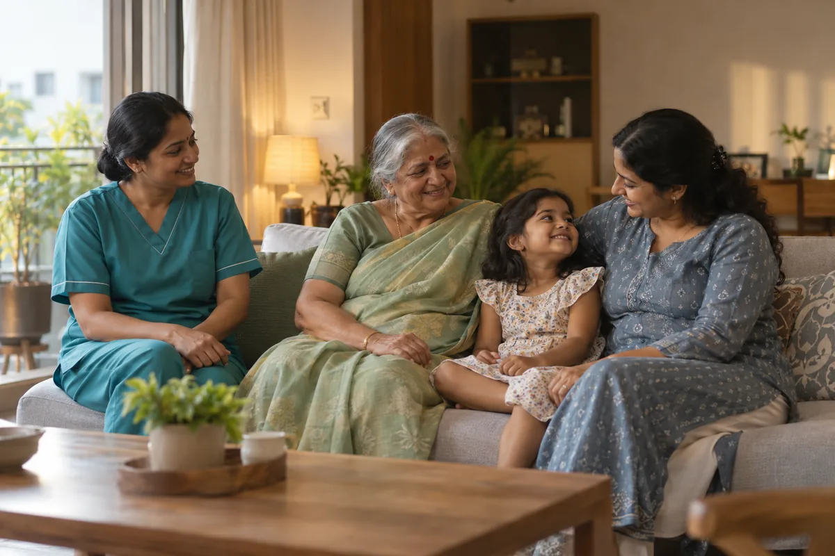 A caregiver sitting with three generations of a family in their living room