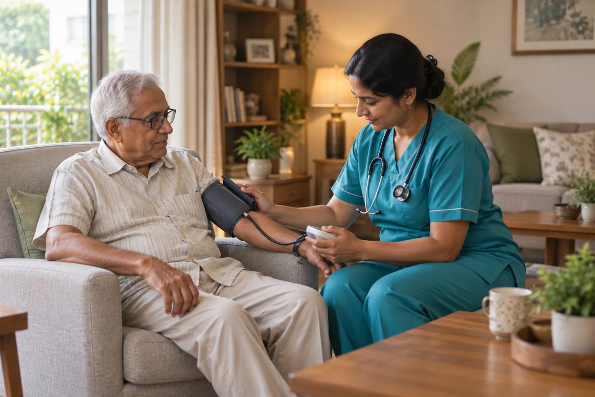 A home nurse checking an elderly man’s blood pressure while he sits in an armchair